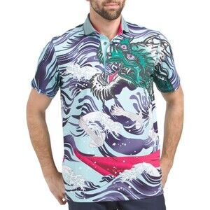 NWT Greyson Polo Shirt Mens L Mythical Sea Dragon Skystone Japan Waves AOP Golf